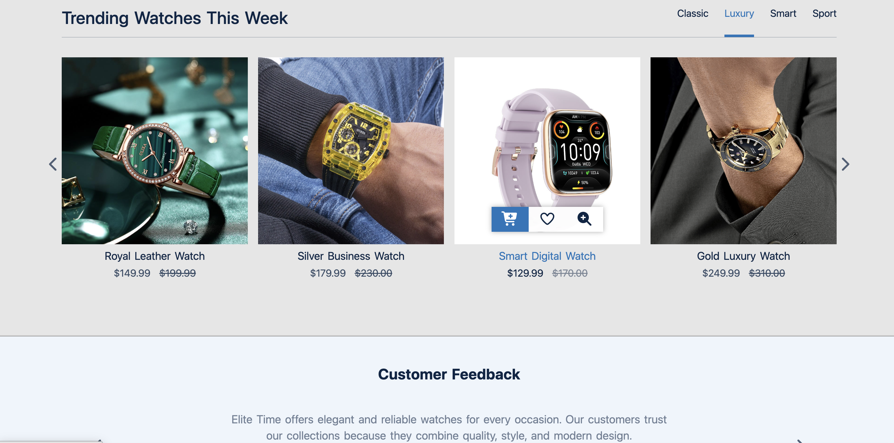 Elite Time luxury watches section