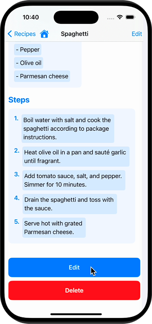 Recipe App recipe steps screen