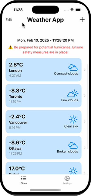 Weather App cities screen