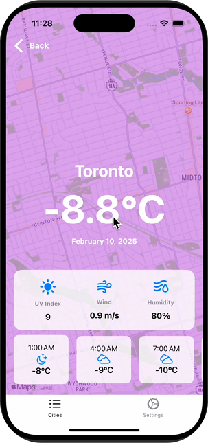 Weather App cities list screen